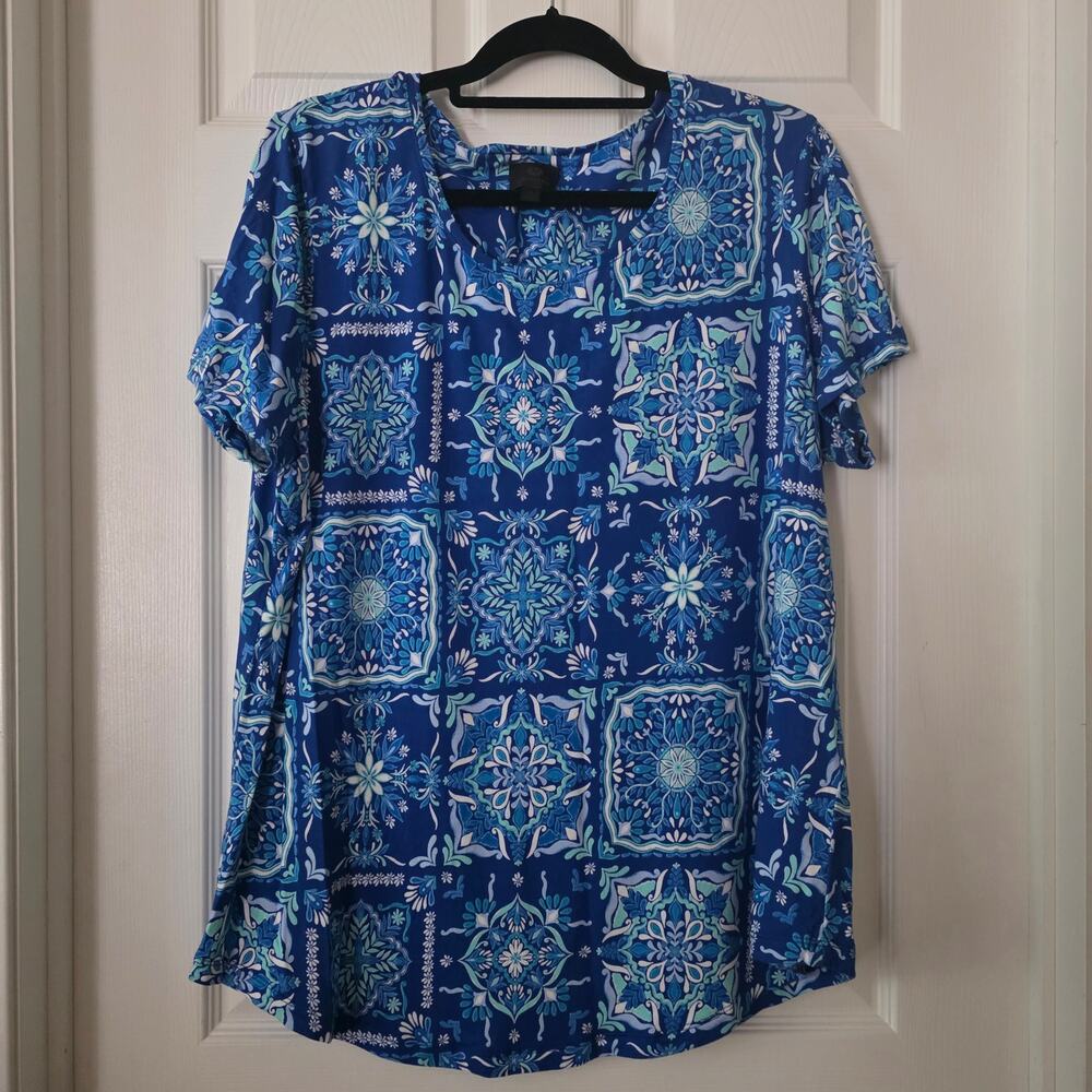 JM Collection Blue Patchwork Print Short Sleeve Top size XL
